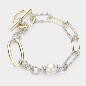 14K Pearl and Pave Two Tone Toggle Bracelet